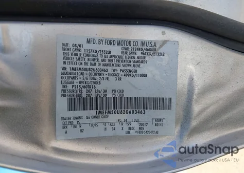 2002 Mercury Sable Gs from USA, damaged, VIN 1MEFM50U82G603463